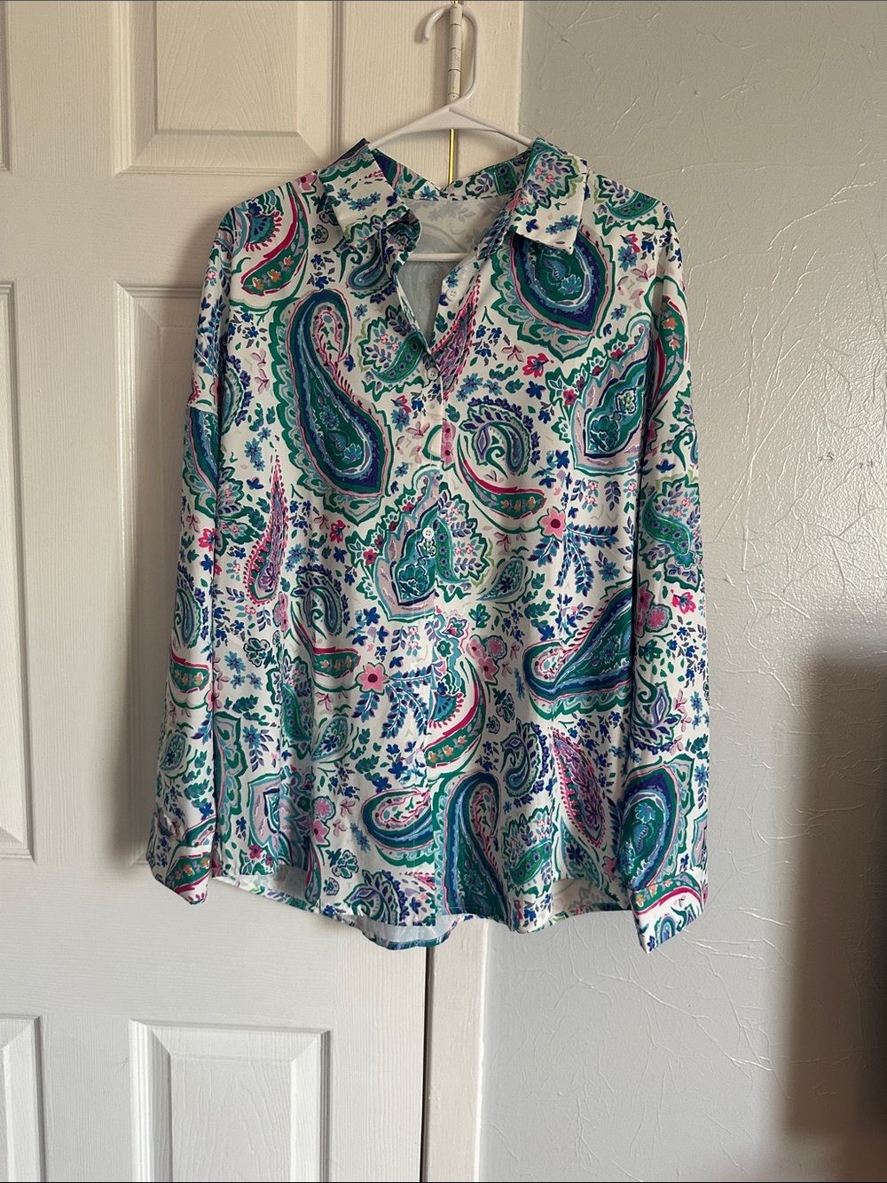 Women's Paisley Button-Up Blouse - White with Teal & Pink